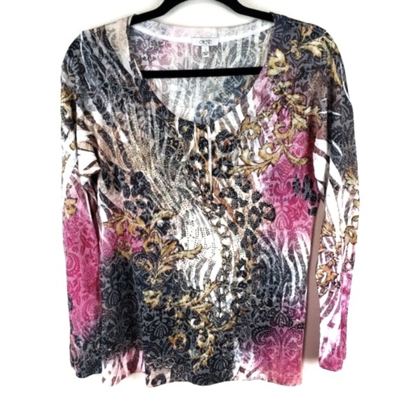 Caché printed rhinestone long sleeve top size L - Picture 1 of 6